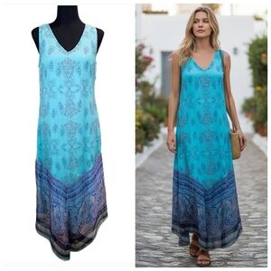 Sundance Aqua Floral Print Sleeveless Mido Dress Sz 4 Boho Beachy Feminine Chic